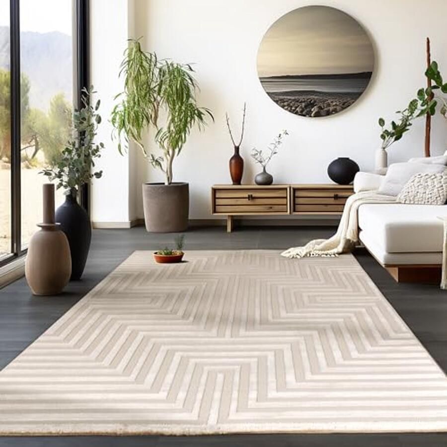 Short Pile Rug 140 x 200 cm Beige Geometric Design for Living Room Bedroom & Kitchen Washable Scandinavian Style Rug