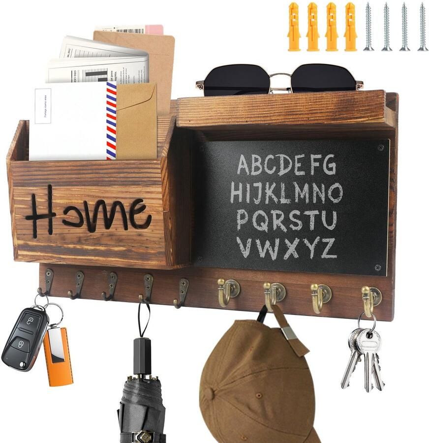 SHTALHST Houten sleutelrek met plank groot sleutelrek 40x22 cm vintage sleutelkastje met 9 sleutelhaken brievenrek wandkapstok gepersonaliseerd sleutelrek krijtbord