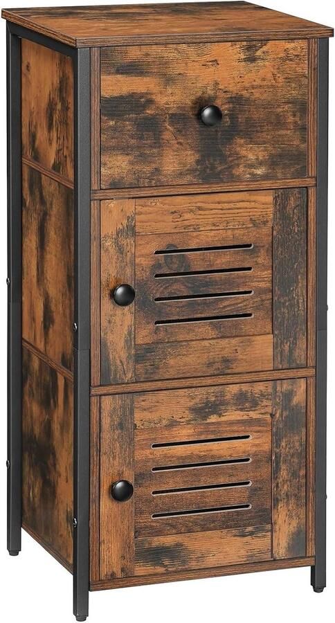 Side Cabinet with Drawer and Adjustable Shelf Chest of Drawers for the Kitchen Slat Door Bedside Table for Living Room Bedroom Office Hallway Vintage EBF15CW01