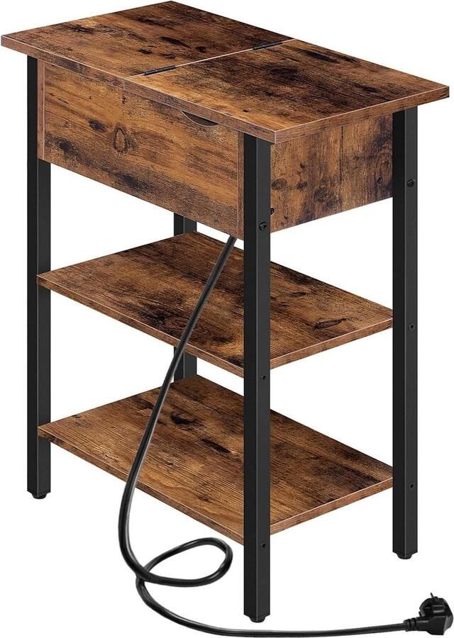 Side Table Flip Top Table with Charging Station and Shelf Narrow Bedside Table for Small Rooms Bedroom Living Room Stable Dark Brown