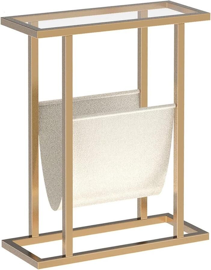 Side Table Narrow Bed Side Table Slim Tempered Glass End Table Small Side Table with Magazine Holder Sofa Side Table for Living Room Bedroom Space Saving Gold