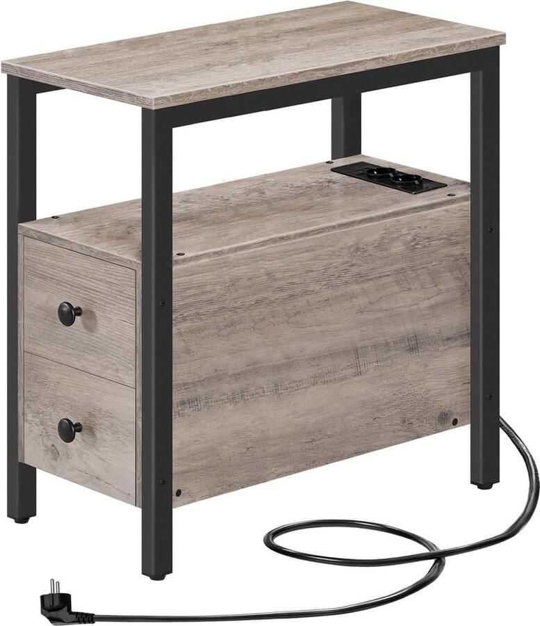 Side Table with Charging Station and USB Port 2 Drawers Bedside Table for Small Spaces Stable and Robust Living Room Bedroom Furniture in Greige Color