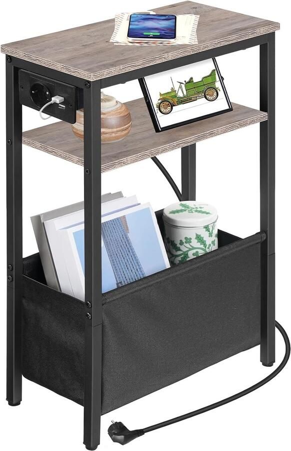 Side Table with Charging Station – Bedside Table with Storage & USB Ports – Sofa Table with Outlet for Bedroom & Living Room – grijs Black