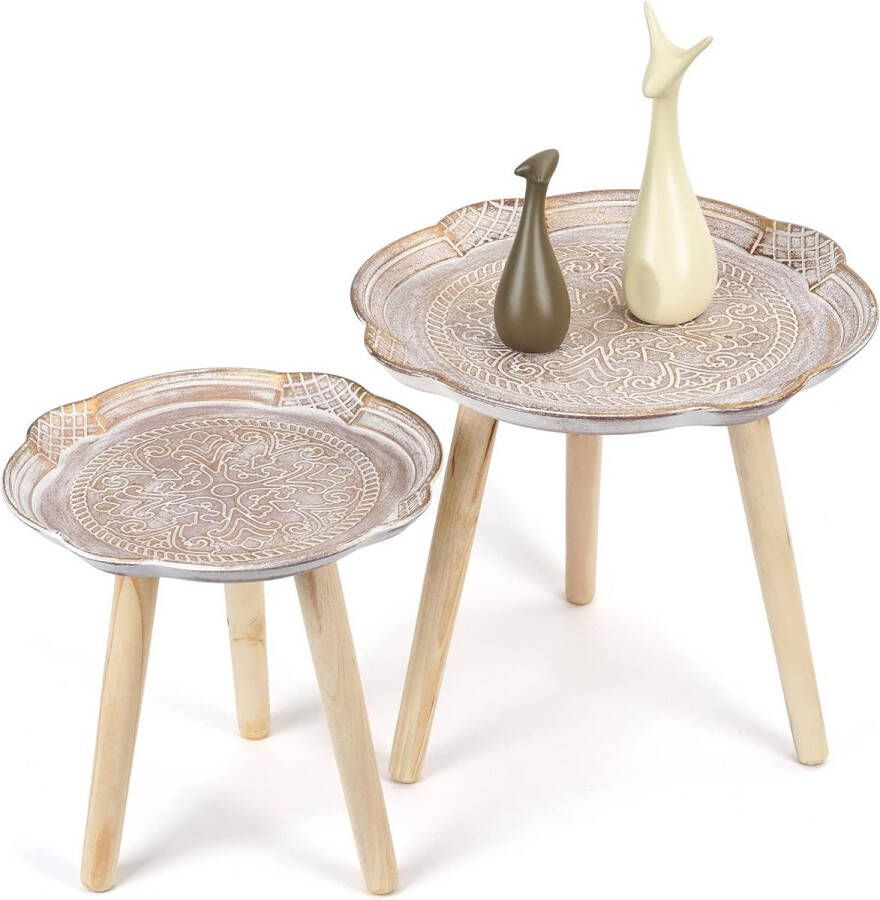 Side Tables Set of 2 – Round Wooden Coffee Tables – Small Tripod Sofa Table Set – Nesting Tables for Living Room Bedroom Balcony – Height 35 cm 40 cm Shabby Antique White Gold
