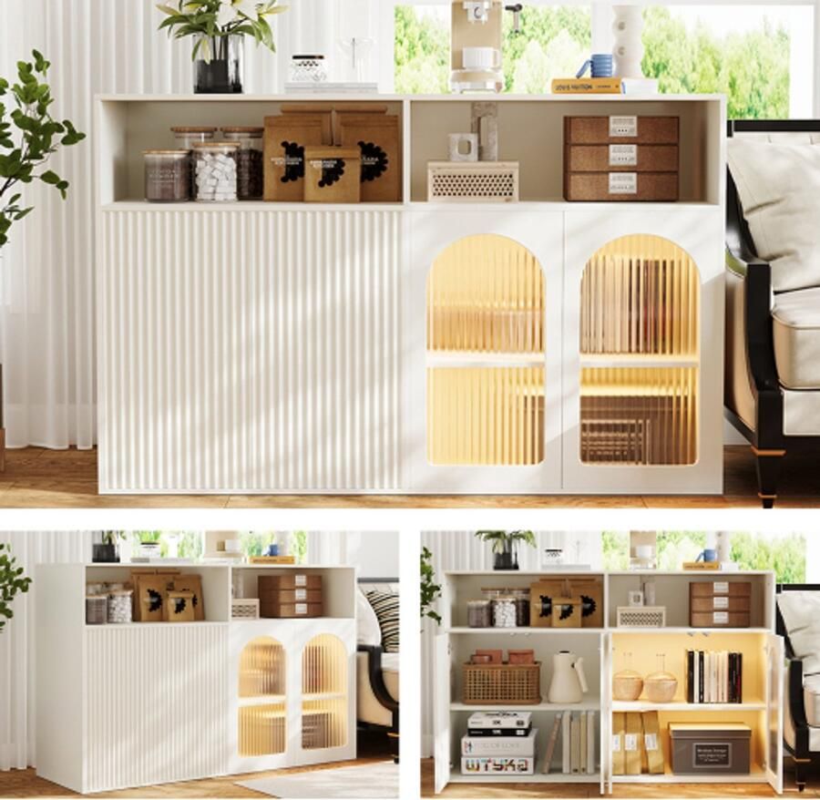 Steven sideboard houten schuifdeuren met LED-verlichting vrije staande kast keuken woonkamer wit afmetingen 140x35x90 cm