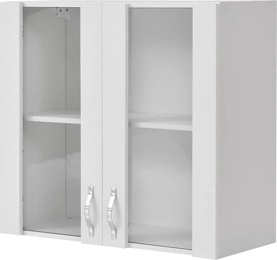 Sideboard keukenkast met glas hangkast voor de muur van hout twee deuren 1 opbergvak 2 vakken ruim robuust kleur wit afmetingen: 80 x 32 x 72 cm