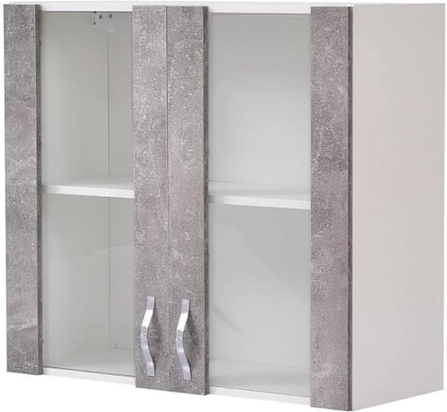 Sideboard keukenkast met glas hangkast voor wandmontage van hout twee deuren 1 plank 2 vakken ruim robuust betongrijs afmetingen: 80 x 32 x 72 cm