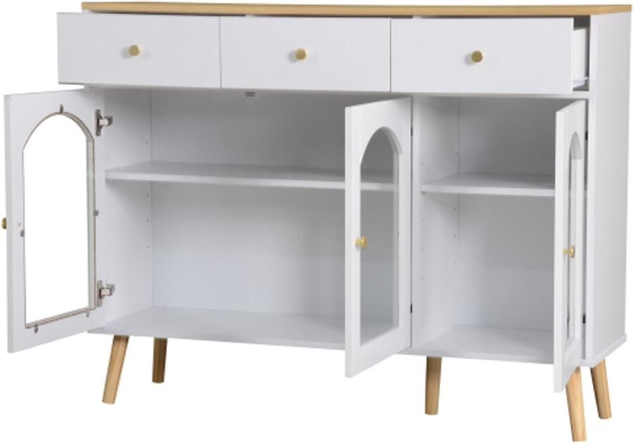 Sideboard met 3 lades en 3 gebogen deuren breed opbergvak met gehard glas – buffetkast voor keuken en eetkamer wit en houtkleur