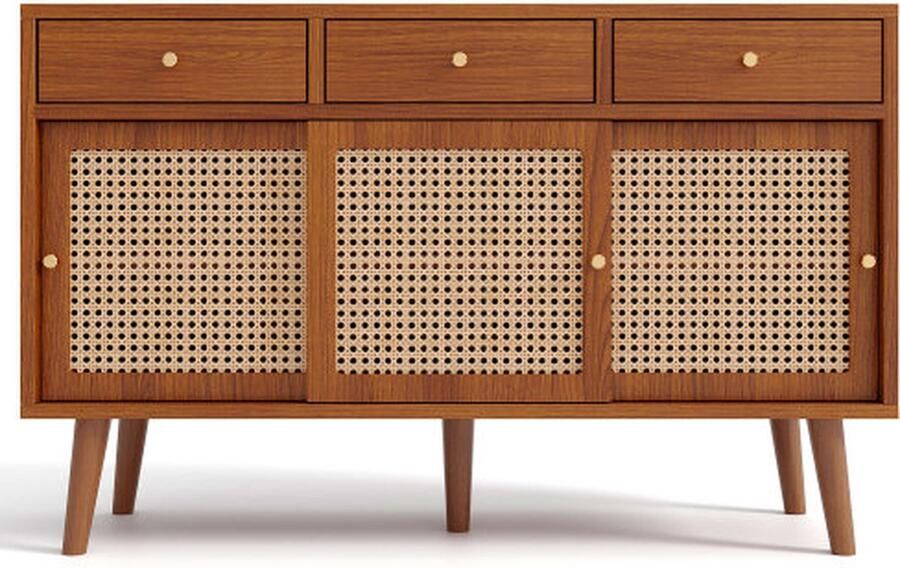 Zonder merk Gotagee Sideboard met lades en schuifdeuren Rotan massief houten poten met gouden metalen handgreep verstelbare planken walnootkleur