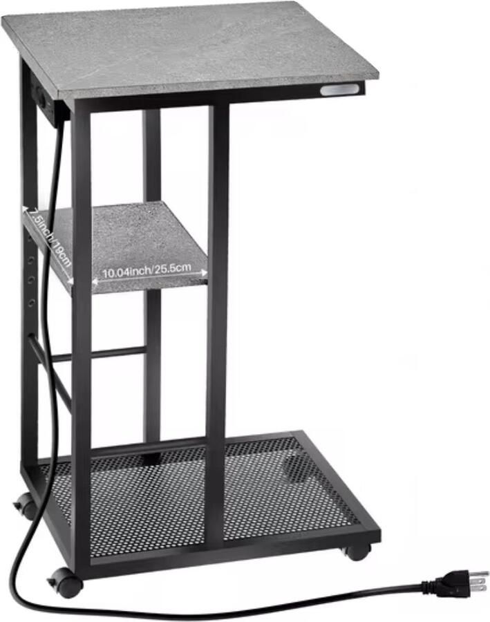 Sidetable C-vorm eindtafel Banktafel Bijzettafel Op wieltjes Usb Usb-c Stopcontact Grijs Zwart
