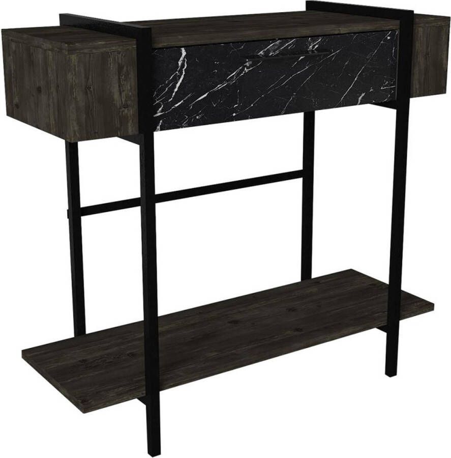 Vente-unique Sidetable met 1 deurtje en 1 legplank Donkere houtlook en zwarte marmerlook CHENOA L 90 cm x H 82 cm x D 29.6 cm