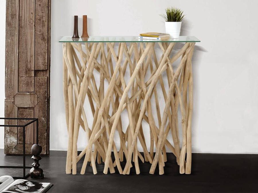 Vente-unique Sidetable van gehard glas en teakhout Naturelkleur GAYANA L 92 cm x H 91.5 cm x D 35 cm - Foto 2