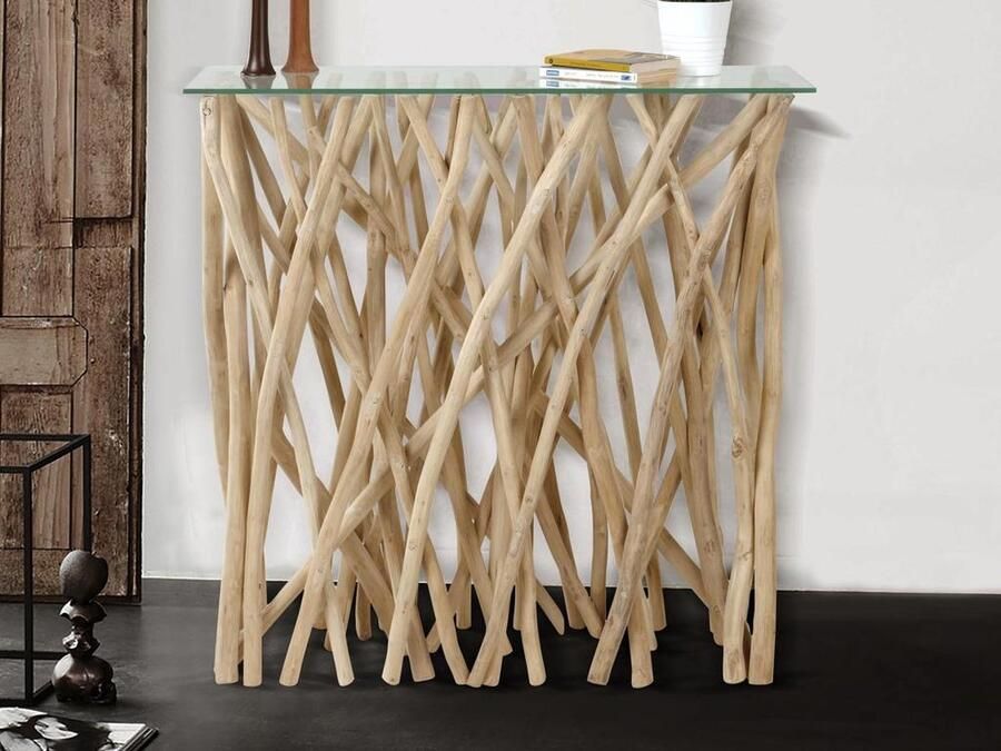 Vente-unique Sidetable van gehard glas en teakhout Naturelkleur GAYANA L 92 cm x H 91.5 cm x D 35 cm