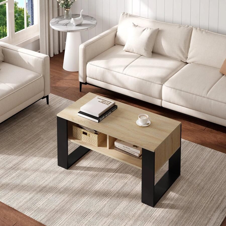 Sidetable Wandtafel Haltafel Wandtafel Sidetable Side Table Sidetable Industrieel Sidetable Hout Thee en Koffietafel met Opbergruimte 2 Open Compartimenten Vintage Stijl Salontafel voor Woonkamer Slaapkamer Licht Eiken