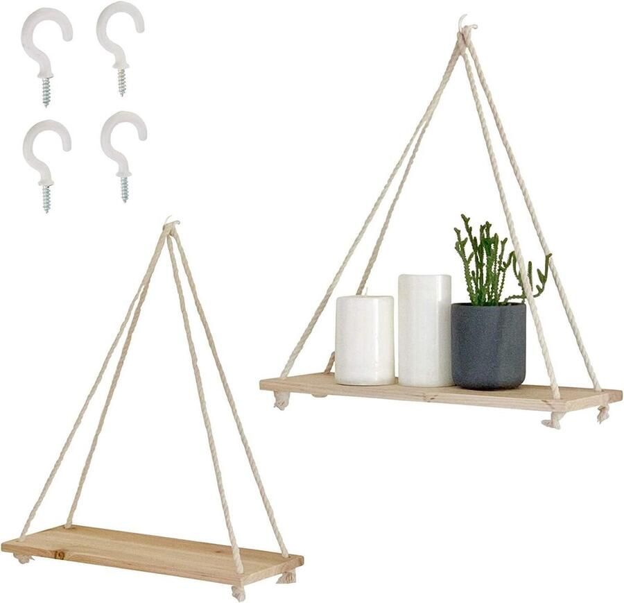 Hangende planken met haken set van 2 natuurlijk houten macrame touw boho decor drijvende driehoek rustieke moderne esthetiek slaapkamerplanten