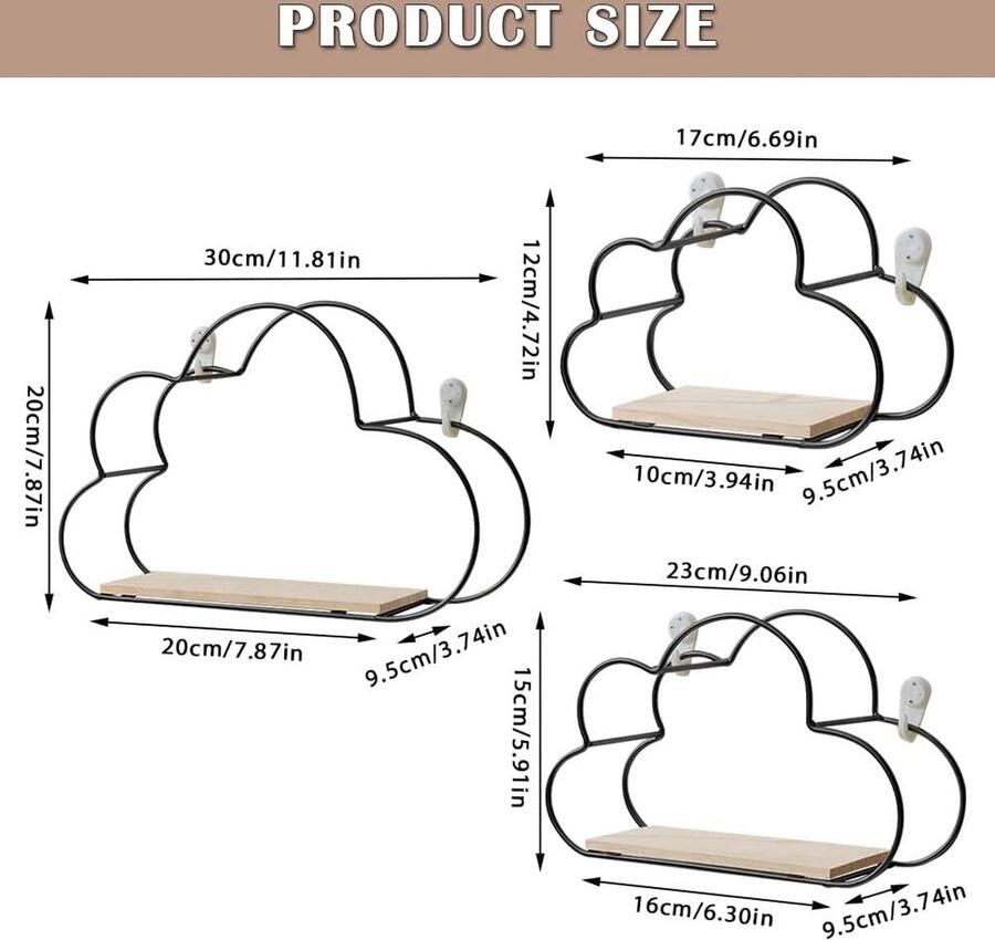 Zwart wandrek metaal set van 3 decoratief hangrek loft wandrek planken voor wanddecoratie in woonkamer slaapkamer badkamer café en hotel