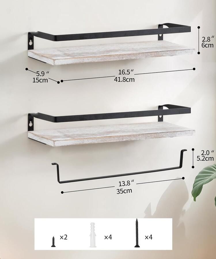 Wandrek voor badkamer wit hout zwart metaal vintage rustiek met handdoekhouder decoratieve opbergplanken voor muur badkamer keuken kinderkamer woonkamer hal kantoor set van 2