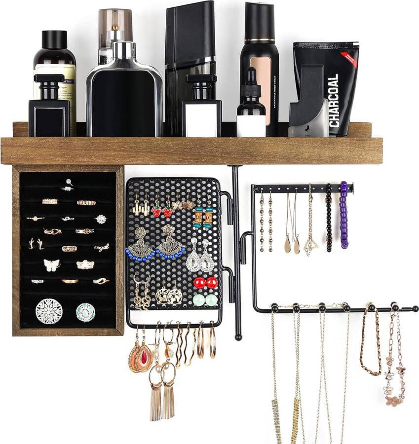 Sieradenhouder Muur Sieraden Organizer met Houten Plank Sieraden Organisatoren om op te hangen met Ring Oorbel Opslag & Arm voor Armband Ketting Opslag Roterende Sieraden Opslag