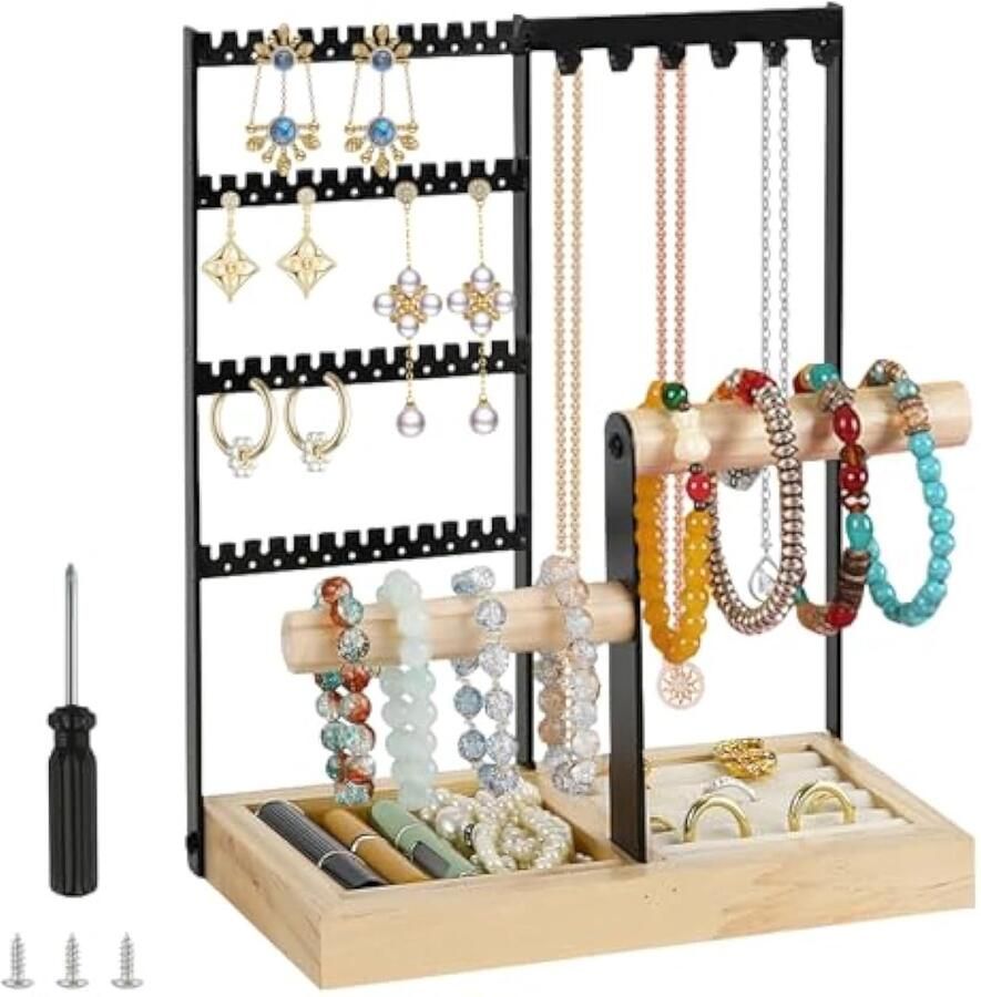 Sieradenstandaard sieradenhouder sieradenboom kettingstandaard horlogestandaard kettinghouder met houten dienblad 4 staven voor kettingen oorbellen Watch Stand