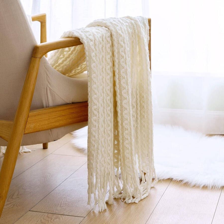 Sierdeken Bohemian Style Gebreid met franjes Kwasten Sjaal Effen Gezellige Hand Geweven Textured Warm Luxe Decoratief voor Sofa Stoel Bed Bank 125 x 150 cm Wit