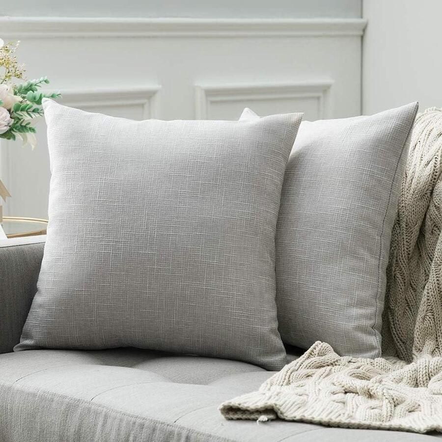 Sierkussen linnenlook decoratieve kussensloop kruis patroon 40 x 40 cm set van 2 wit en grijs voor bank en slaapkamer