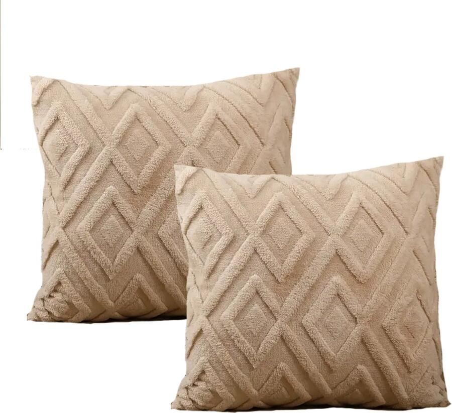Sierkussen set van 2 60x60 cm Beige Inclusief binnenkussens Fluffy Zacht Pluche Teddy Sier Kussen Vierkant Sierkussens set Taupe Sierkussenset Kussenset Bank binnen Woonkamer Boho Bohomian Decoratie kussens