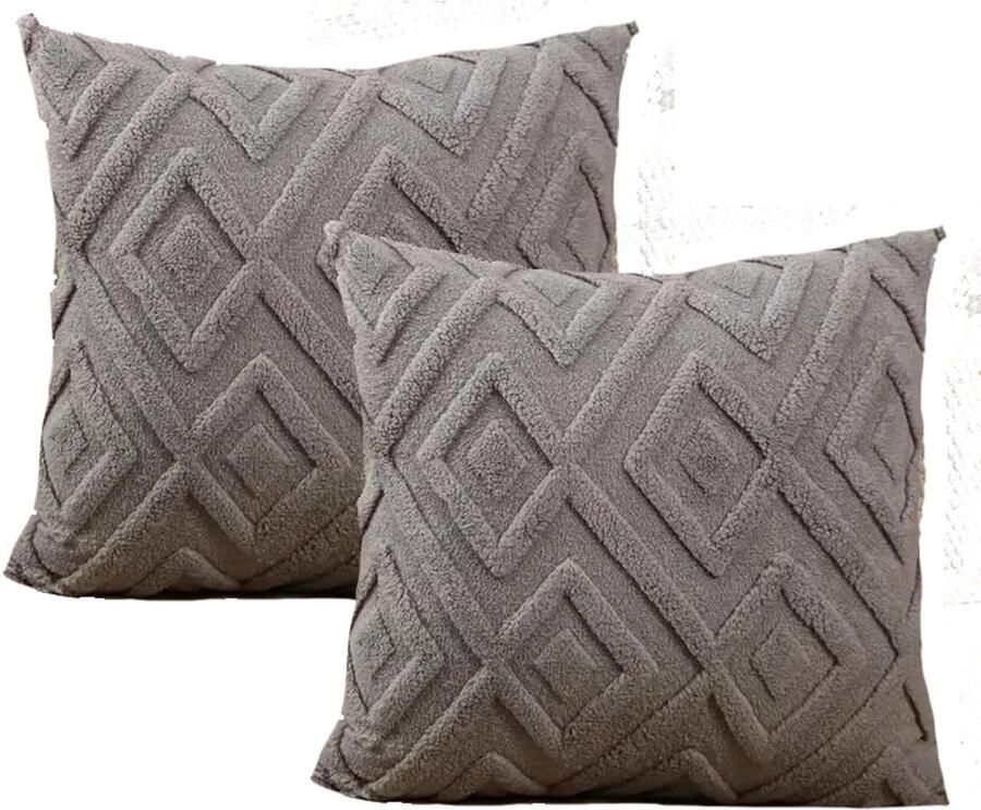 Sierkussen set van 2 50x50 cm Grijs Inclusief binnenkussens Fluffy Zacht Pluche Teddy Sier Kussen Vierkant Sierkussens set Lichtgrijs Donkergrijs Kussenset Bank binnen Woonkamer Boho Bohemian Decoratie kussens - Foto 2