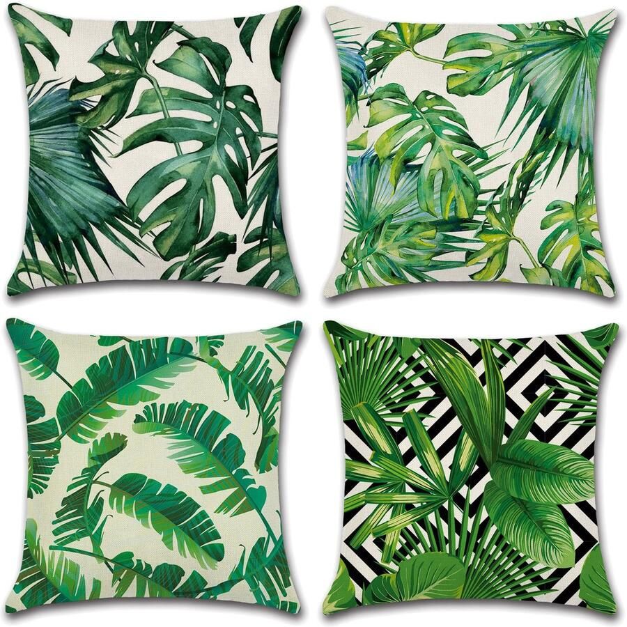 Sierkussens Set van 4 Decoratieve Kussenhoezen Linnen stof Slijtvast Kusseninzetstuk niet inbegrepen Bladpatroon Dubbelzijdig bedrukt Kussensloop Kussens woonkamer Kussenhoes Voor bank bed auto tuin 45x45cm Groen