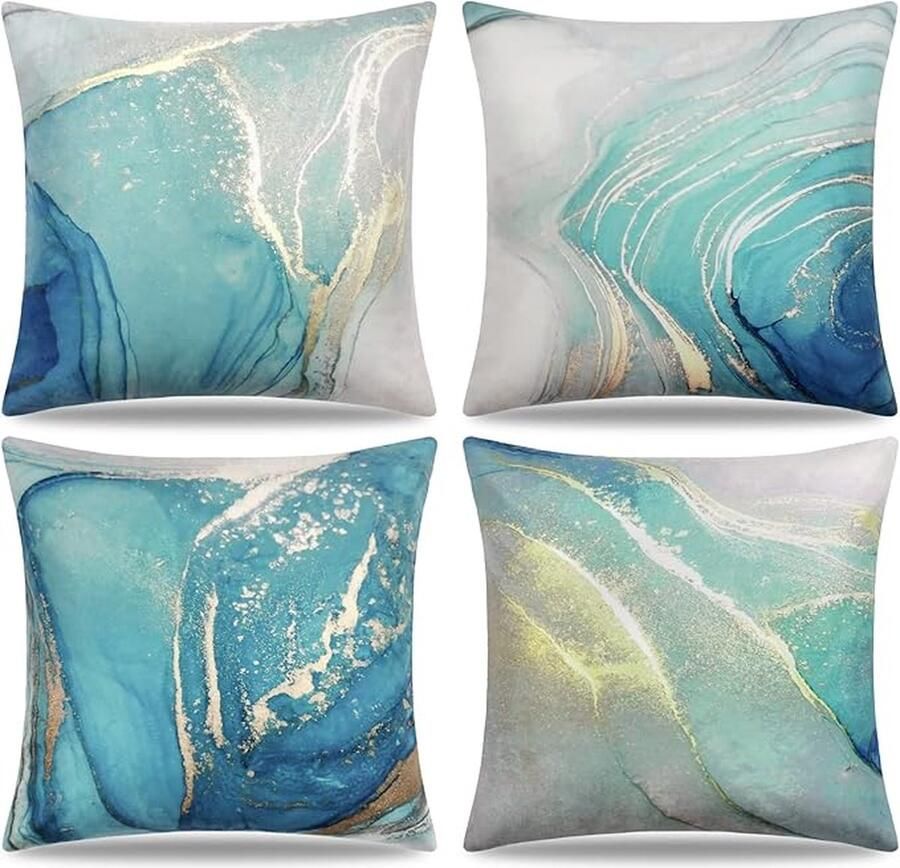 Sierkussenslopen 18 x 18 inch set van 4 marmeren textuur turkoois en goud decoratieve kussenslopen abstracte vloeibare kunst inkt kussenslopen sofa bank home decor (18 x 18 inch turkoois en goud)