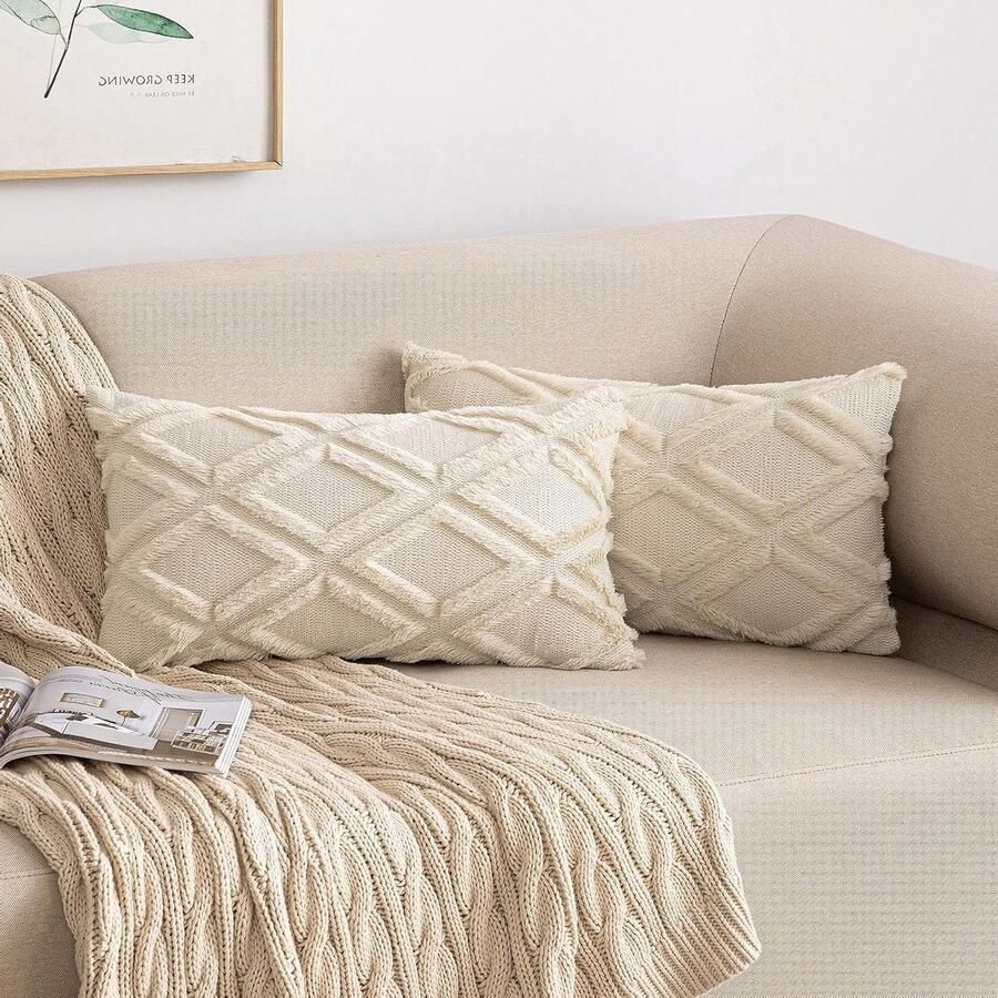 Sierkussenslopen set van 2 wol fluweel boho stijl decoratief kussen bank slaapkamer woonkamer 30 x 50 cm beige