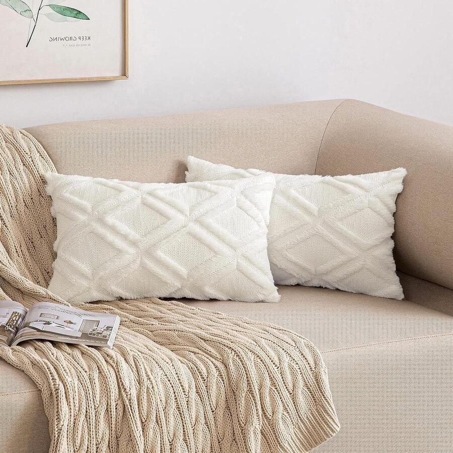 Sierkussenslopen set van 2 wol fluweel boho decoratief kussenhoes voor bank slaapkamer woonkamer 30 x 50 cm melkwit