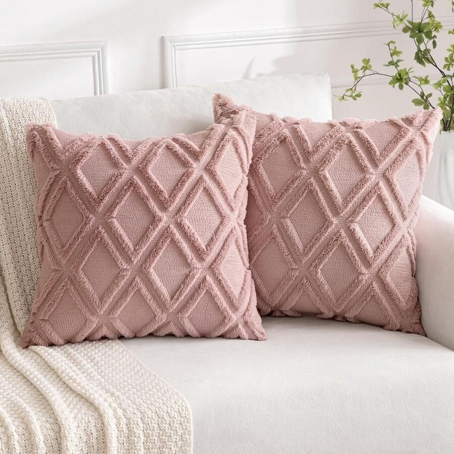 Sierkussenslopen set van 2 wol fluweel boho decoratief kussenhoes bank slaapkamer woonkamer 50 x 50 cm donkerroze