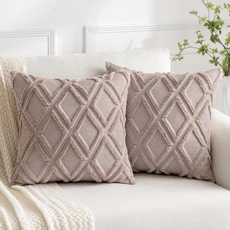 Sierkussenslopen van wol fluweel boho decor set van 2 voor bank of slaapkamer 45 x 45 cm zand