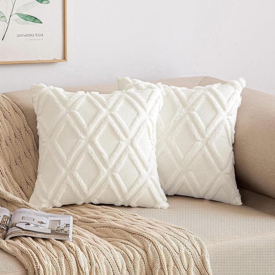 Sierkussenslopen van wol fluweel boho decor set van 2 voor bank slaapkamer woonkamer 50 x 50 cm melkwit