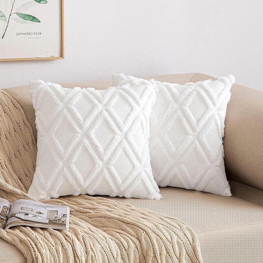 Kussenslopen set van 2 wol fluweel boho decoratief kussen voor bank slaapkamer woonkamer 45 x 45 cm wit