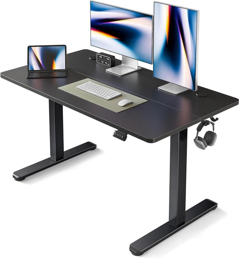 Sierra elektrisch in hoogte verstelbaar bureau bartafel 120 x 60 cm sta-bureau voor thuis en op kantoor met scheidingsbord zwart frame zwarte afwerking
