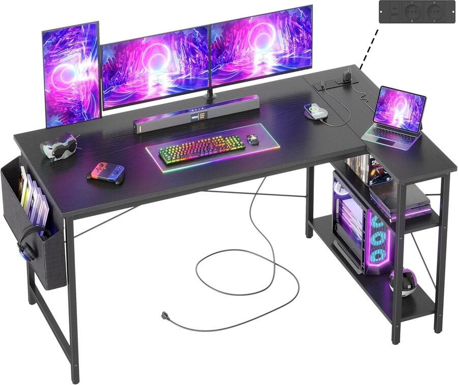 Sierra Gaming bureau L-vorm 140 x 70 cm omkeerbaar gamingtafel computertafel met stopcontacten en zijvakken hoekbureau voor kantoor en thuiskantoor sterke X-vormige houder zwart