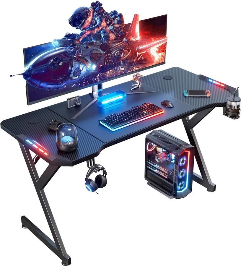Sierra Gamingbureau met led 160 x 60 cm Ergonomische Gamingtafel PC-tafel met koolstofvezeloppervlak Gaming Schrijftafel met bekerhouder en hoofdtelefoonhaak voor studie speel en werken Zwart