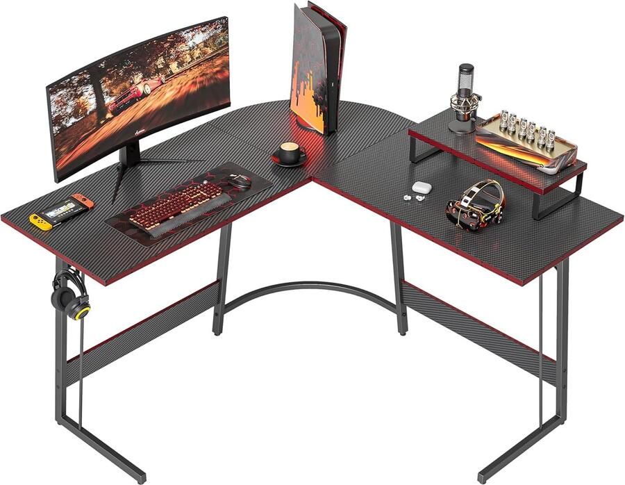 Sierra Gamingtafel 120 x 120 x 75 cm bureau met monitorstandaard hoekbureau L-vorm computertafel koolstofvezel zwart
