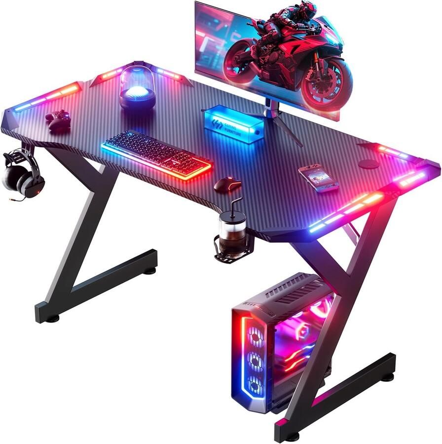 Sierra Gamingtafel met led 100 x 55 cm Ergonomische Gamingbureau stabiele Computertafel met koolstofvezeloppervlak PC-tafel met bekerhouder en hoofdtelefoonhaak voor studie speel werken Zwart