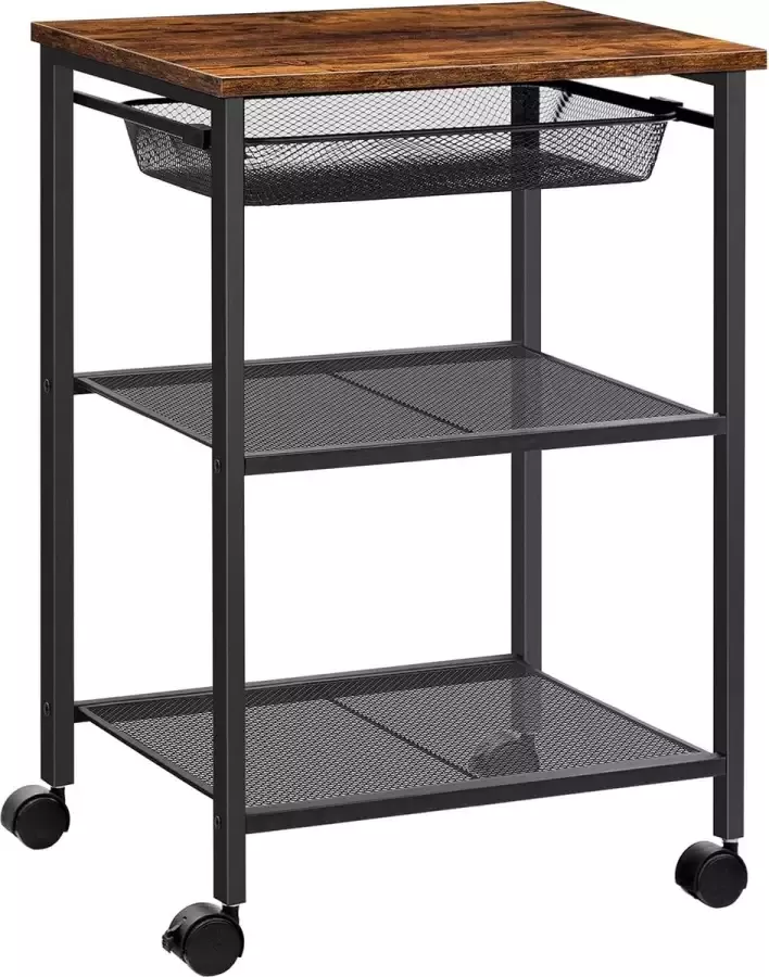 Signature Home Bango Rollende Bijzettafel met rasterlade Industrieel Tafel Op Wielen Bruin Zwart