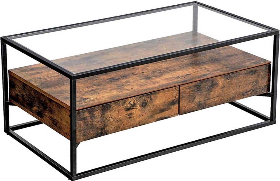 Signature Home Classic salontafel met 2 lades en gehard glas loungeTafel stabiel industrieel vintage bruin-zwart 106 x 57 x 45 cm