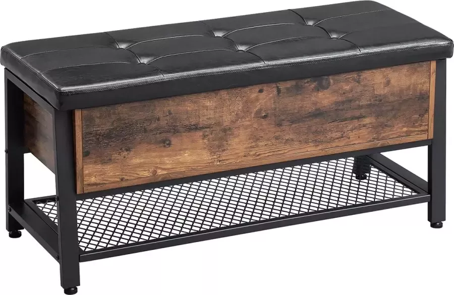 Signature Home Classic schoenenbank bank met gestoffeerde zitting en schoenenrek bedkast met opbergruimte multifunctionele kist hal slaapkamer kunstleer industrieel design vintage bruin-zwart