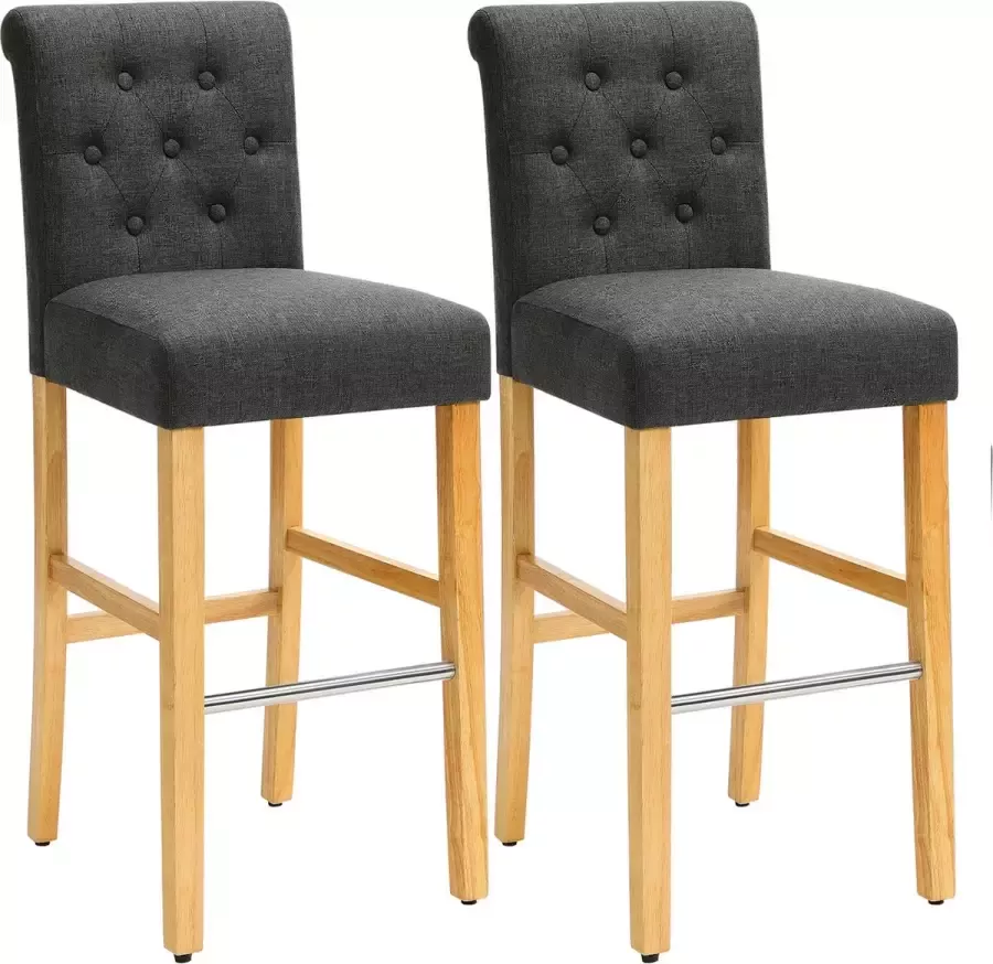 Signature Home Clichy Barkrukken Set van 2 barkrukken met rugleuning Barstoelen krukken keukenstoelen zithoogte 76 cm massief houten poten met metalen voetensteun rugleuning hoes van katoen-linnenmix grijs