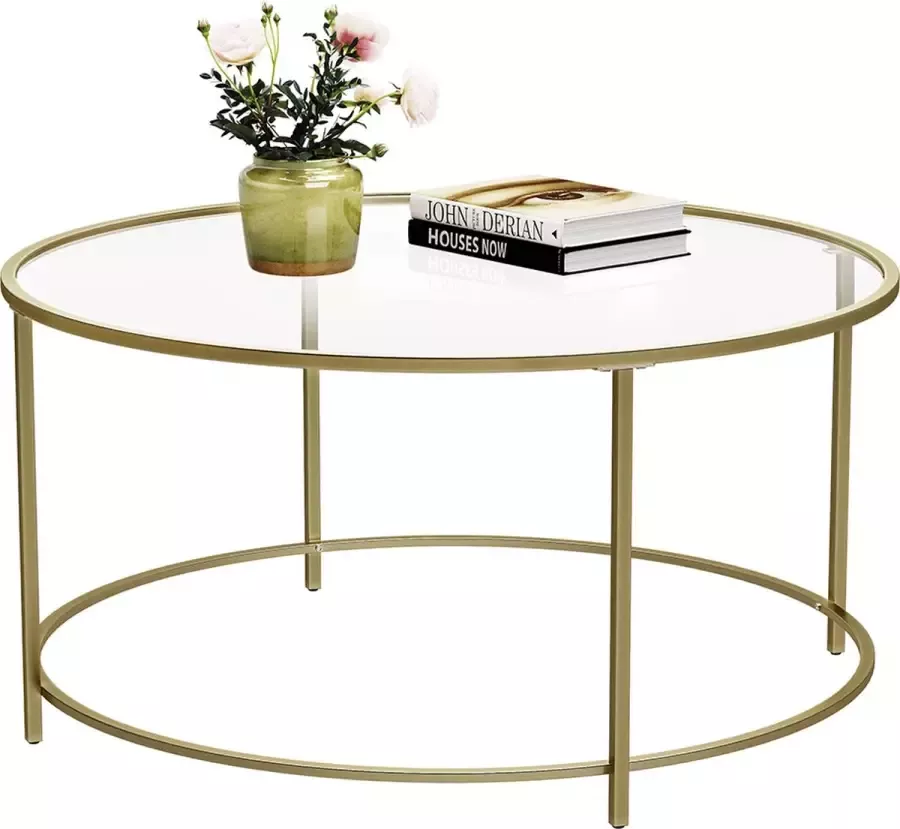 SIGNATURE HOME Culture ronde salontafel glazen tafel met gouden ijzeren frame woonkamertafel banktafel robuust gehard glas stabiel decoratief goud