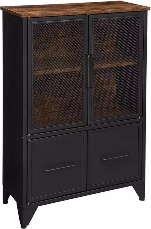 Signature Home Drobak dressoir keukenkast opbergkast met Mesh deuren stalen frame Industrieel bruin-zwart 75 x 33 x 100 cm