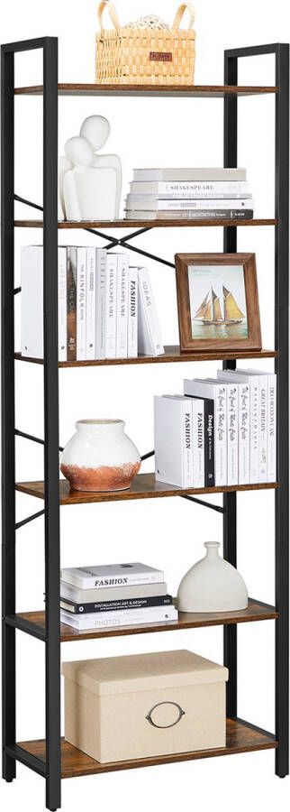 SIGNATURE HOME Frontier Boekenrek Boekenkast met 6 niveaus opbergrek stalen frame voor woonkamer studeerkamer kantoor en hal keuken opbergrek Hoogte 186 cm industrieel ontwerp vintage bruin zwart