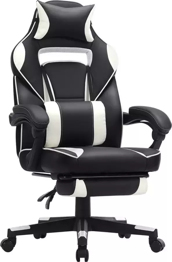Signature Home gamestoel of bureaustoel met voetensteun ergonomisch bureaustoel met hoofdsteun en lendenkussen in hoogte verstelbaar 90-135° kantelhoek draagvermogen tot 150 kg zwart-wit
