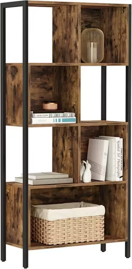 Signature Home kubus opbergrek boekenkast Boekenrek scheidingswand met stalen frame industriële stijl rustiek bruin en zwart 74 x 29.6 x 154.5 cm