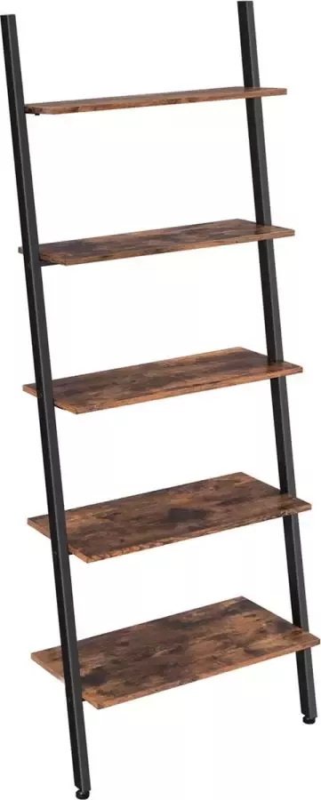 Signature Home Civic Ladderrek met 5 planken boekenkast met 5 niveaus scheve plank woonkamer keuken kantoor ijzer stabiel hellend leunend tegen de muur industrieel design Vintage Bruinzwart